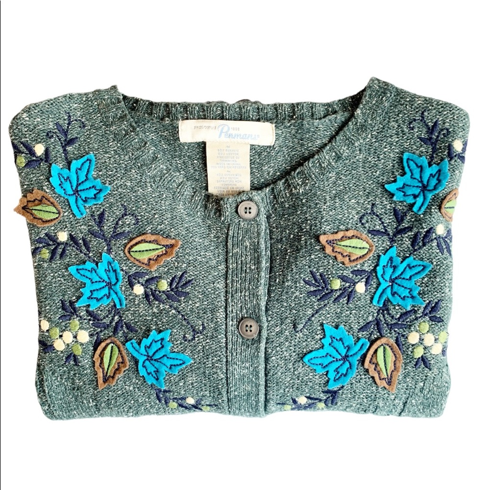 Vintage Penmans Embroidered Knit Granny Cardigan Sweater Green Siz…